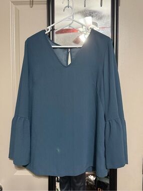 Dalia Teal V-Neck Bell Sleeve Blouse